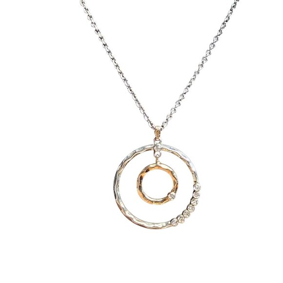 Silvertone Goldtone Hammered Rings Pendant Necklace Clear Rhinestones 17-19 inch - Picture 2 of 5